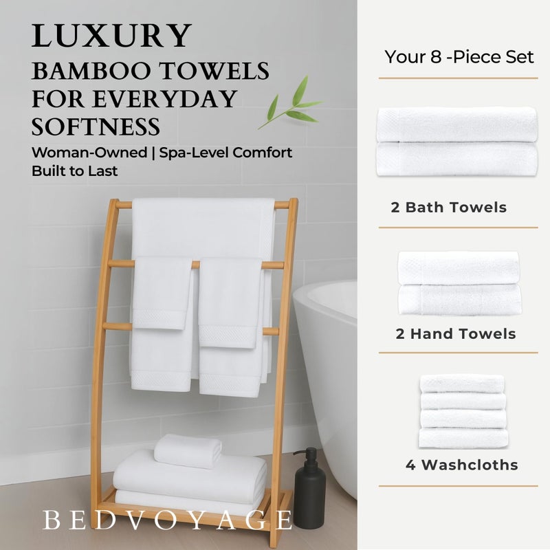 BedVoyage Luxury Bath Towels Set of 8 - Ultra Soft Plush Bathroom Towel Set - Highly Absorbent Viscose from Bamboo Bath Towels Ultra Soft - Spa Towel for Body - White - Image 3